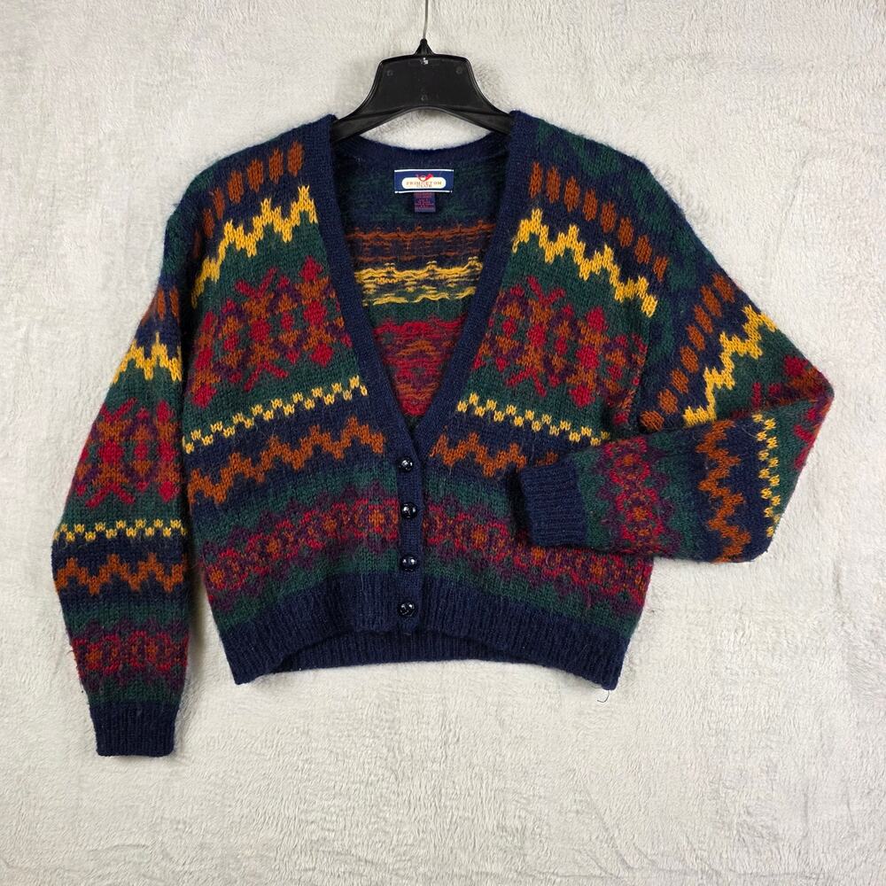 Princeton Club Sweater Women's Large Blue 50% Mohair Cardigan Fair Isle